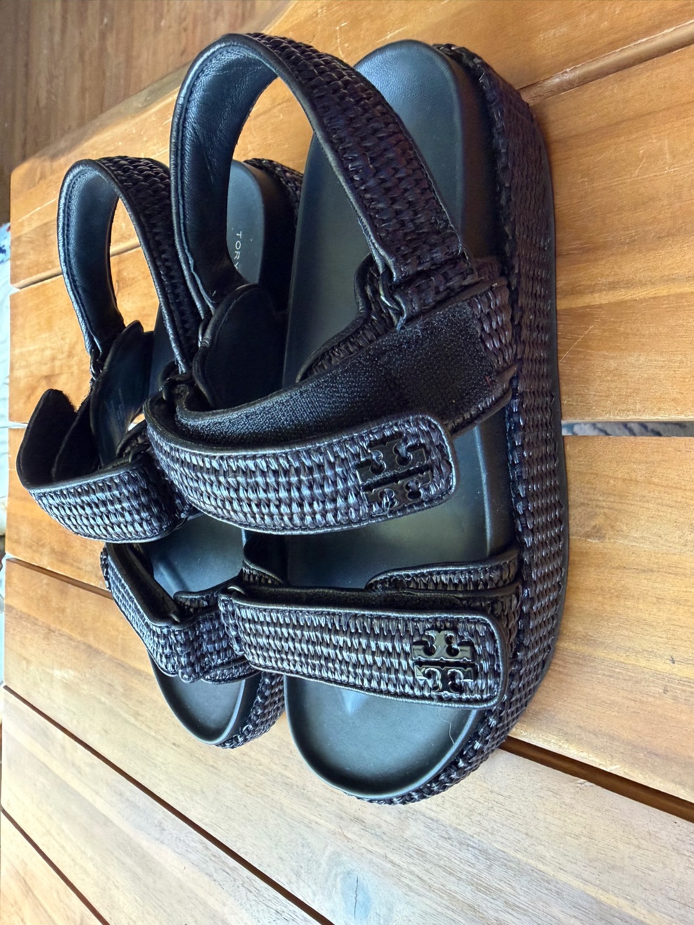 Like New Tory Burch Black Raffia Platform Sandals with Logo Detail Size 9 - Picture 1 of 6